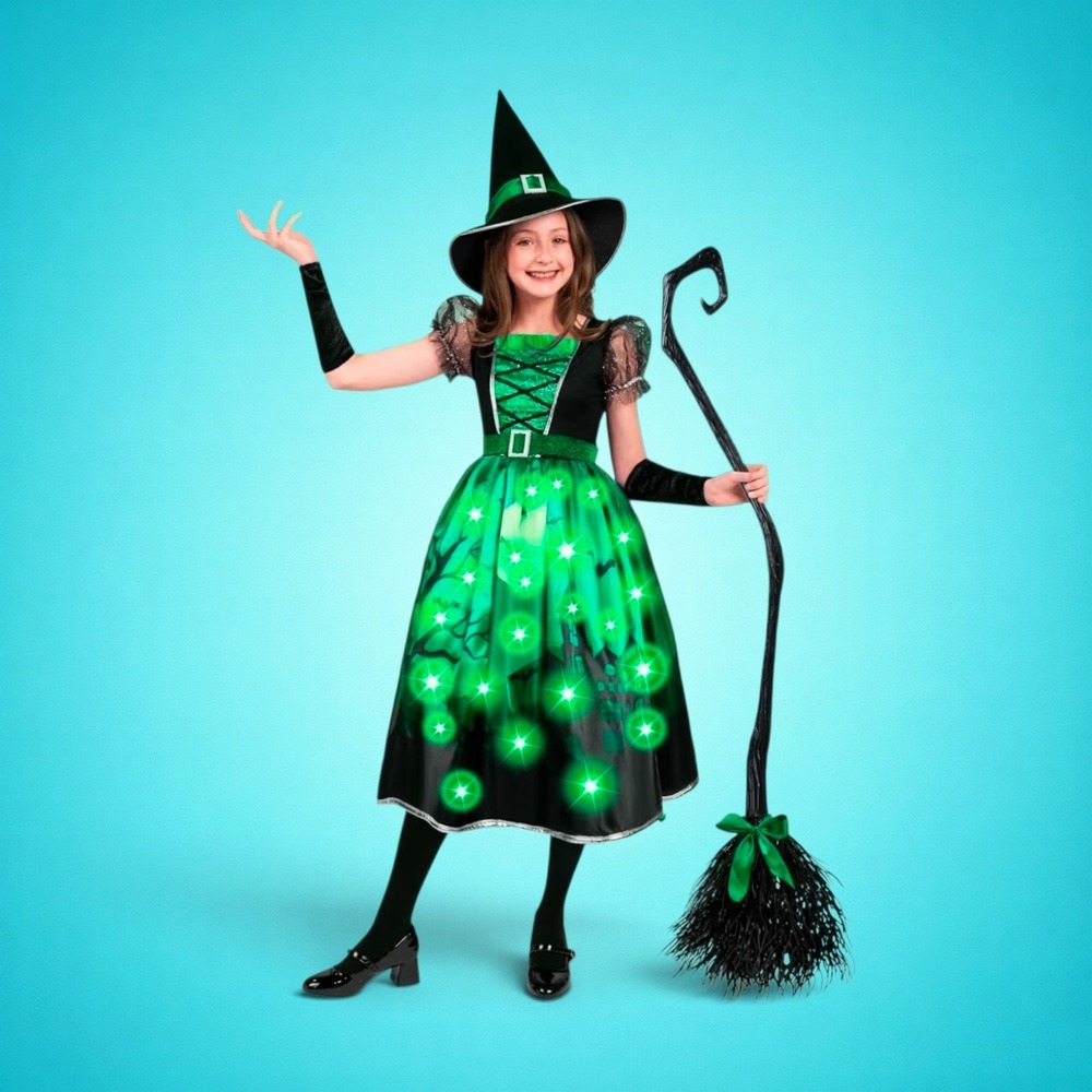 New Kids' Green Light-Up Witch Costume Set, Medium 8-10, Spooktacular Creations.